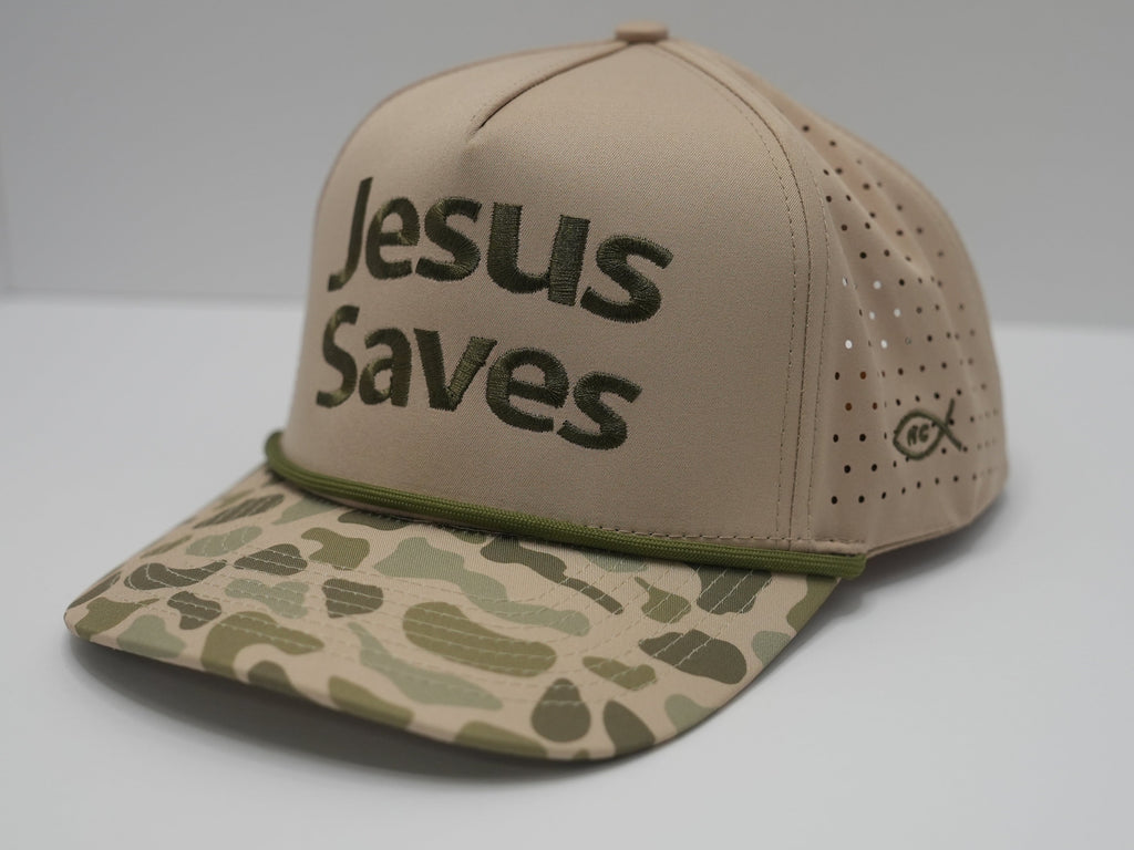 "Jesus Saves" Duck Camo Snap-Back Hat